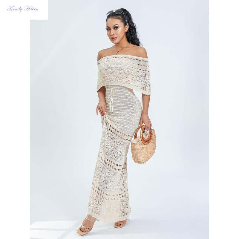Women's off-shoulder summer knit dress with hollow pattern, casual light gown for summer wear.