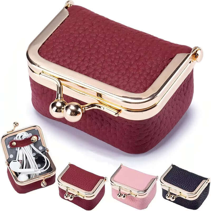 Small red PU leather jewelry box with gold clasp, ideal for rings, necklaces, and earrings in various colors.