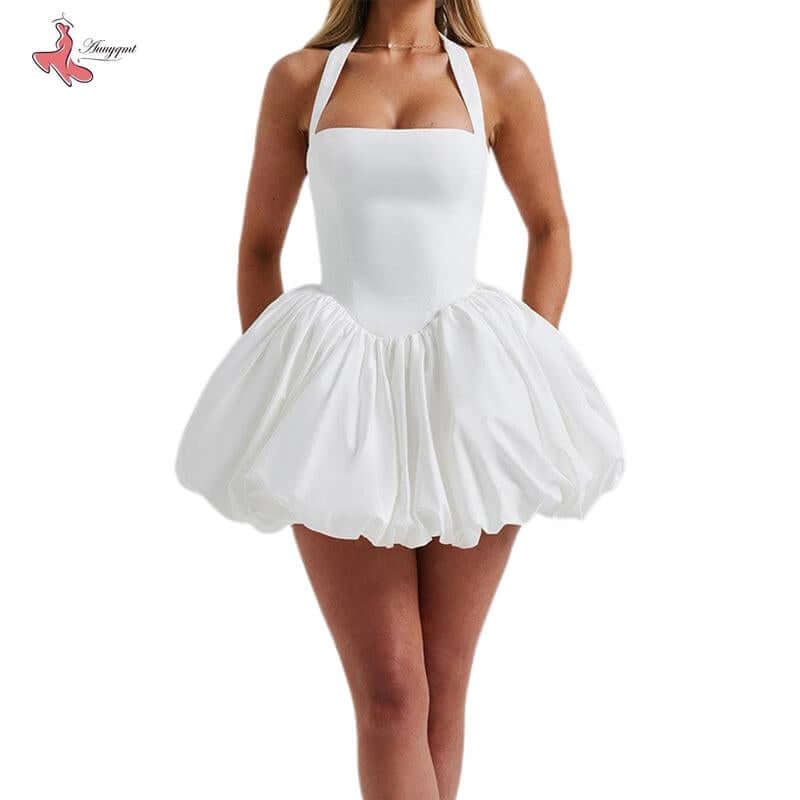Women sleeveless halter dress with bubble hem, backless design, perfect for summer parties and beach club wear.