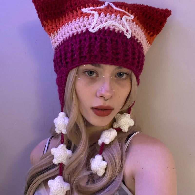 Pride Collection Cat Ear Flap Hat with Stars Crochet Handmade Knitted Beanie Lgbtq+ Flags Inspired