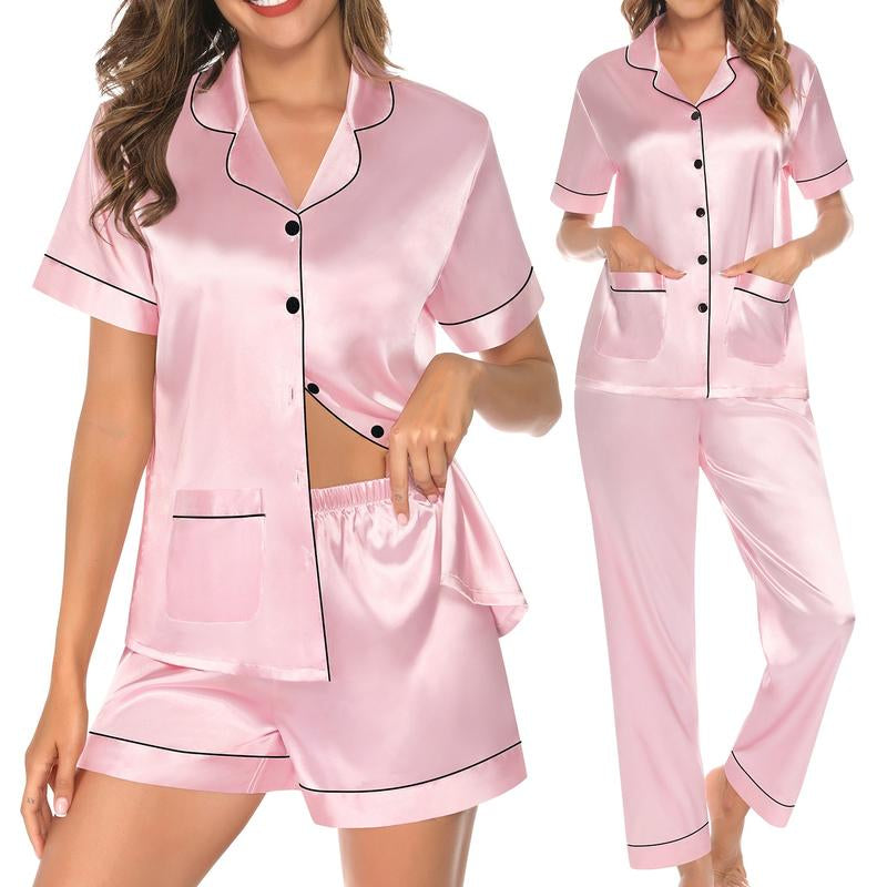 SWOMOG 3 Piece Pajama Set for Women Silk Satin Pjs Short Sleeve Sleepwear Button down Loungewear with 2 Pockets Bridal Check Elegant