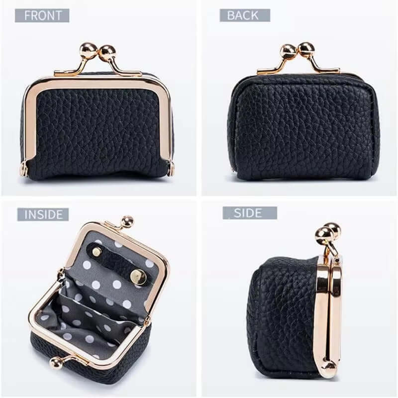 Women’s solid color PU leather jewelry box in black, showing front, back, inside with polka dot lining, and side views.