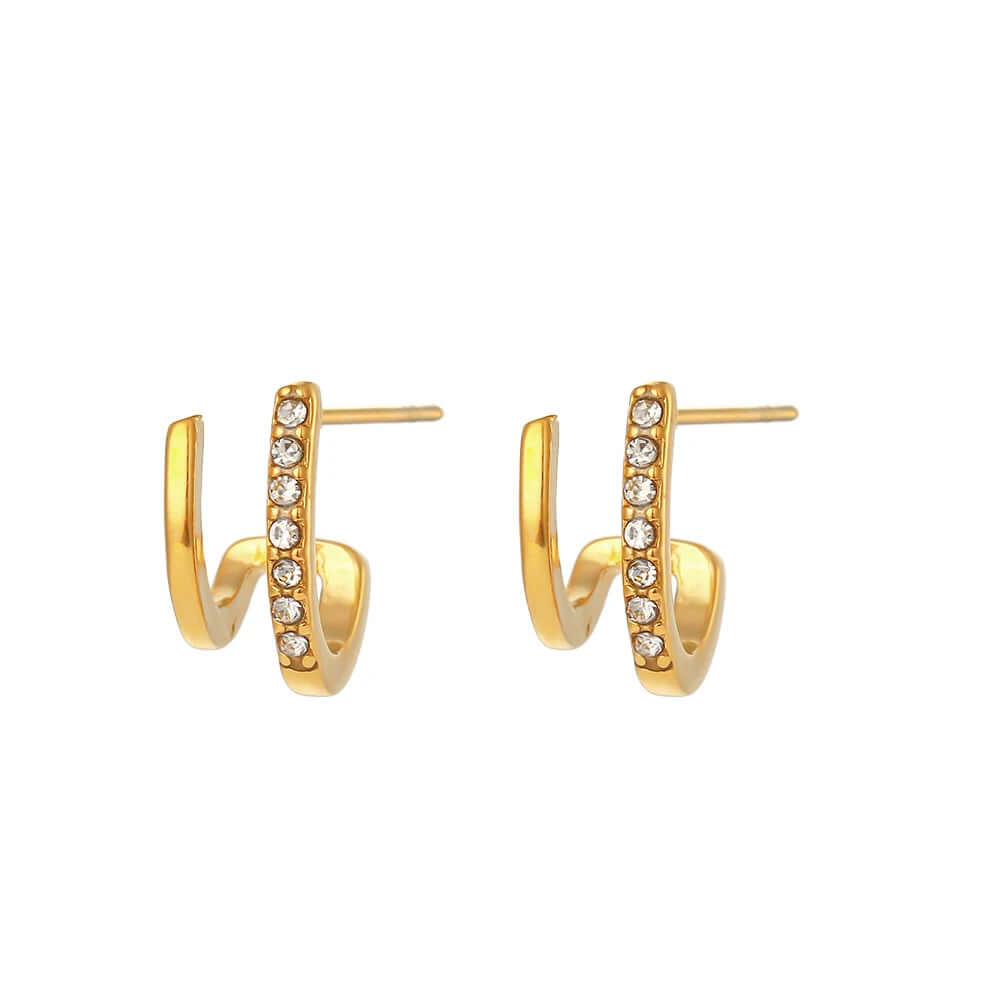 E.B.Belle New Crystal Paved Double Layer Hollow Huggie Earrings for Ladies Small Gold Plated Stainless Steel Stud Earrings