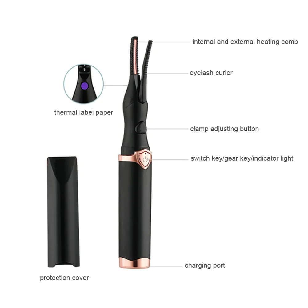 Portable heated eyelash curler with temperature control, charging port, and safety features, perfect for achieving beautiful curls.
