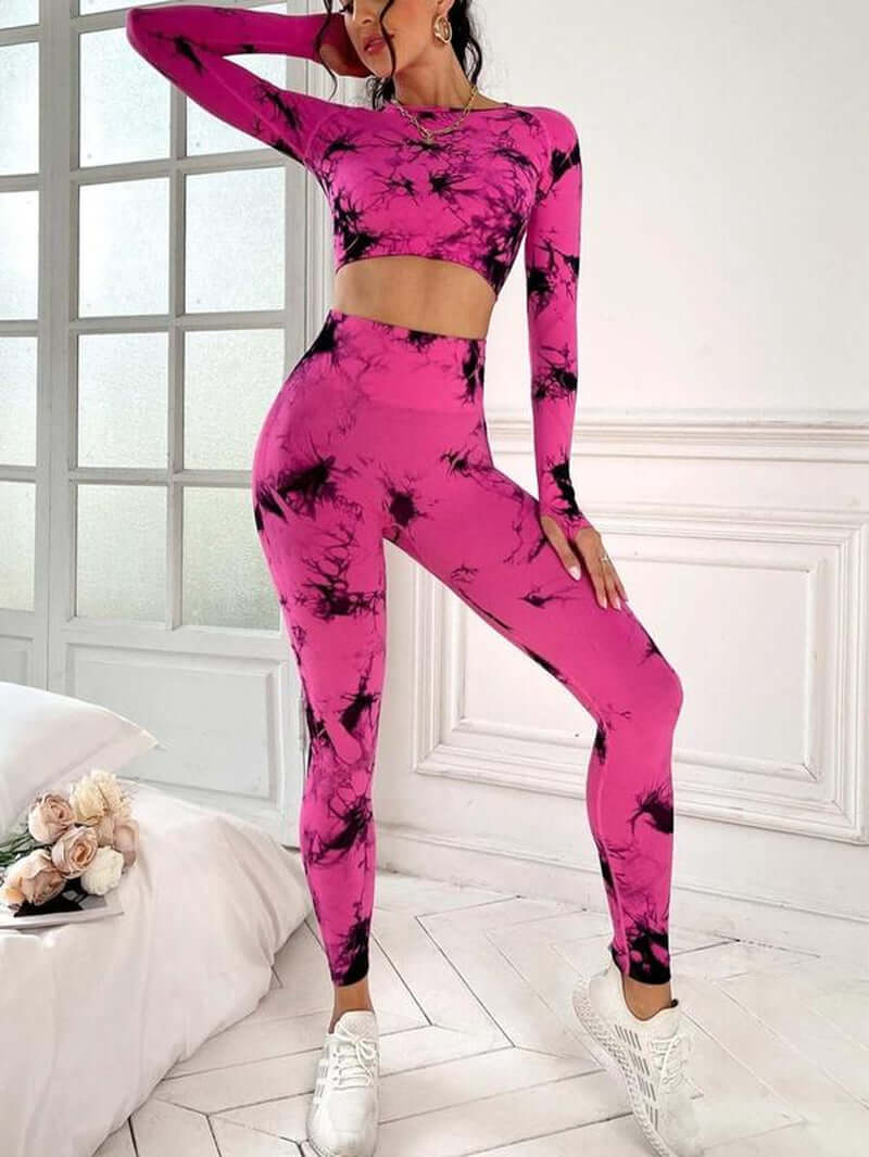 Women'S Tie Dye Print Crop Top & High Waist Leggings Tracksuit Set, Casual Sporty Breathable Comfortable Two-Piece Outfits for Yoga Gym Workout Running, Ladies Fall & Winter Sportswear Valentine'S Day