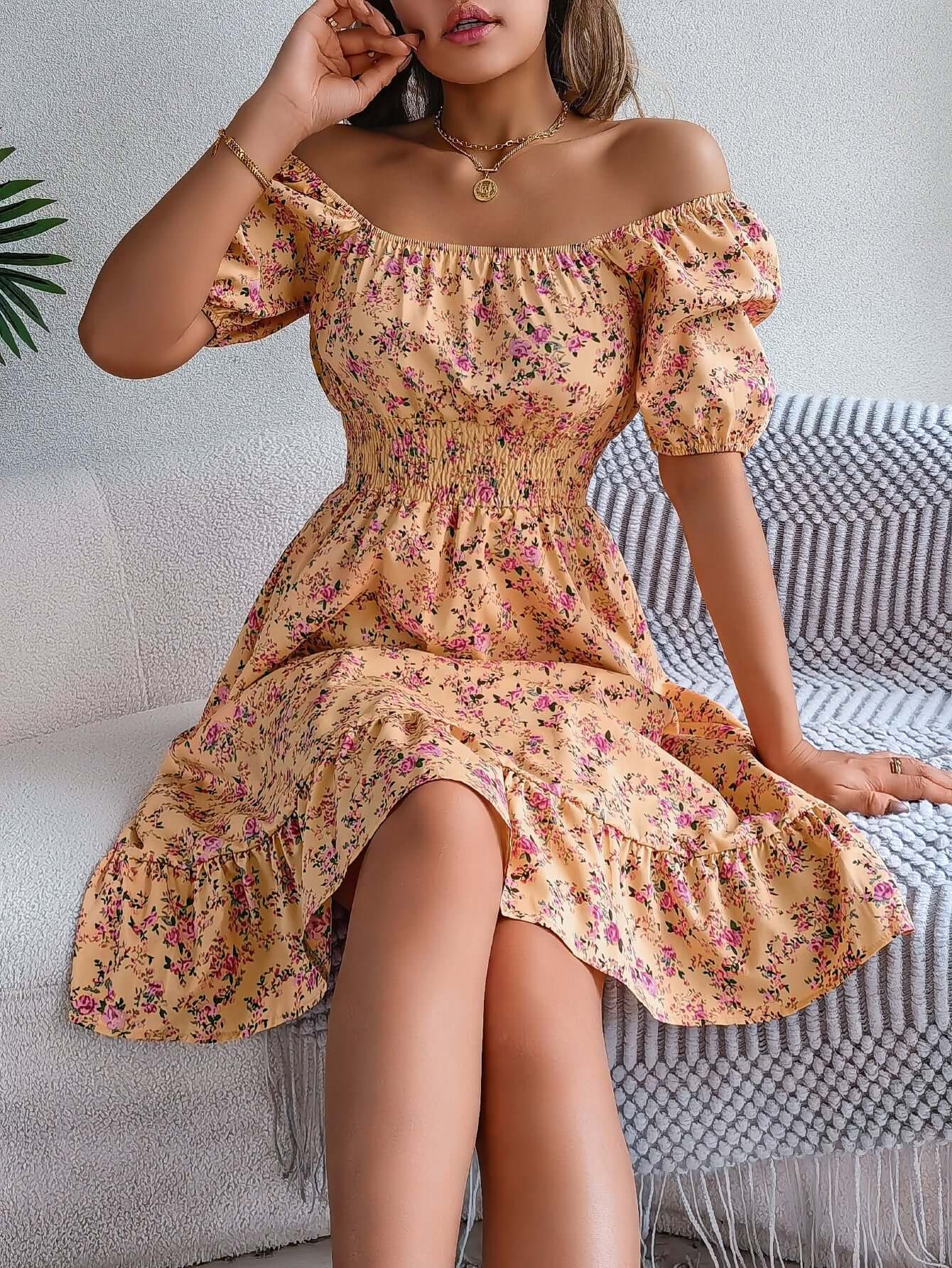Floral Print Square Collar Dress Summer Fashion Ruffles Dresses Women'S Clothing