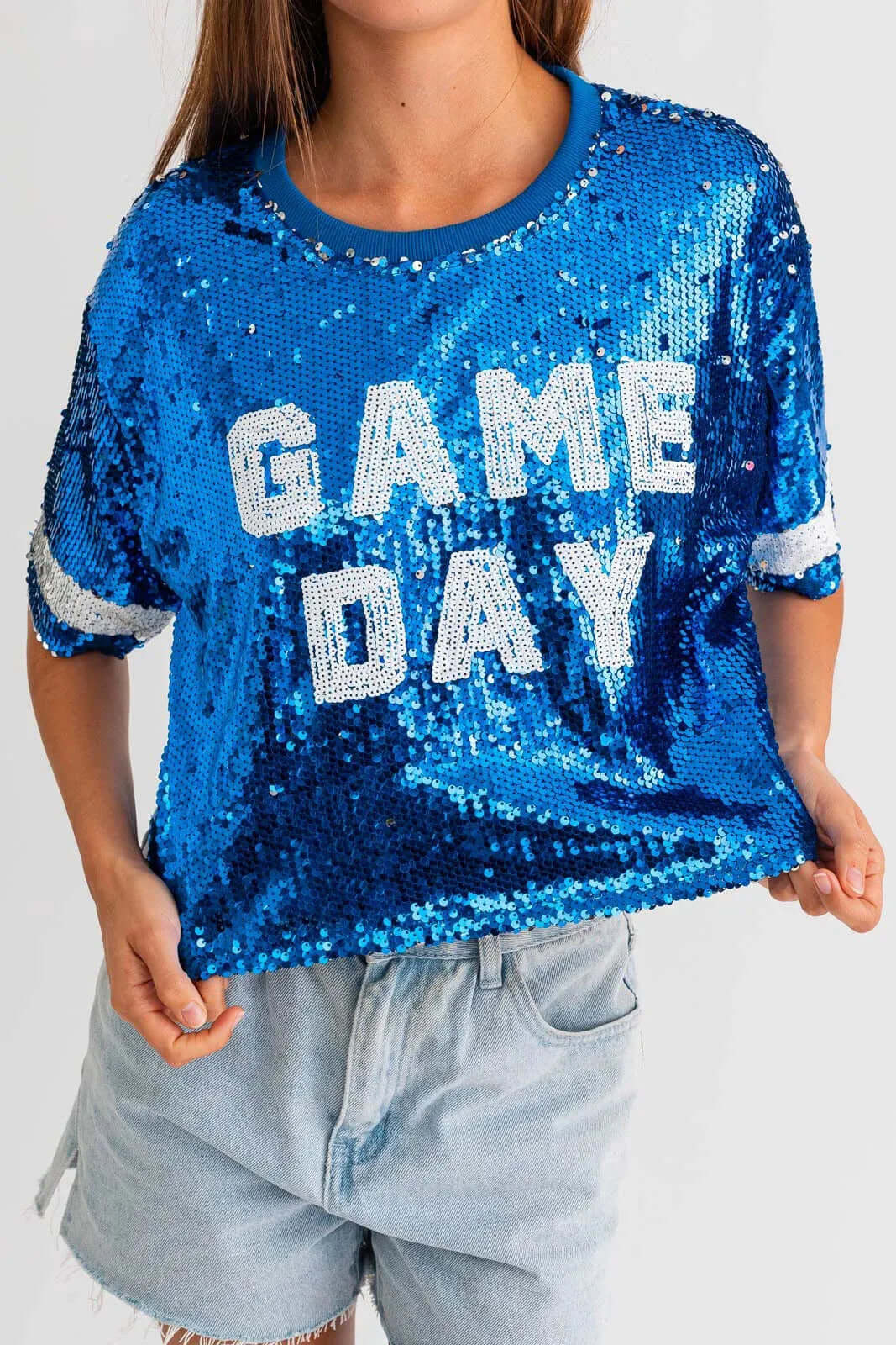 "Game Day" Sequins Cropped Short Sleeve Top