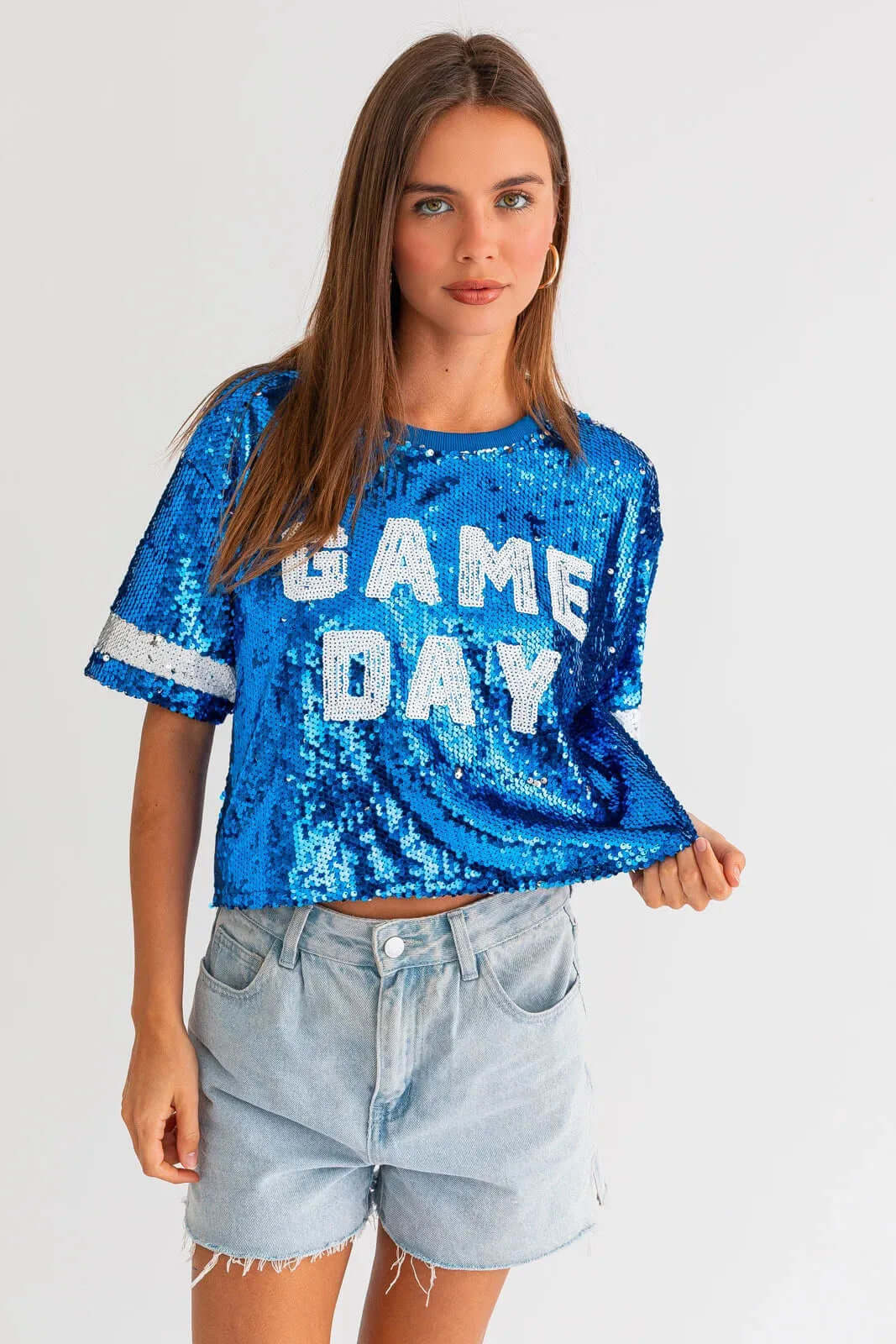 "Game Day" Sequins Cropped Short Sleeve Top