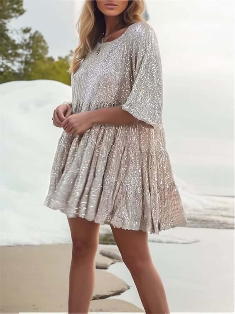 Plus-Size Elegant Fashion Sequins round Neck Loose Short-Sleeved Dress Dinner Dress Plus-Size Women'S Clothing