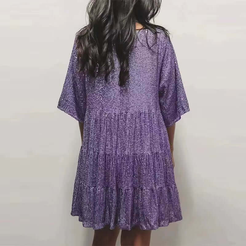 Plus-Size Elegant Fashion Sequins round Neck Loose Short-Sleeved Dress Dinner Dress Plus-Size Women'S Clothing