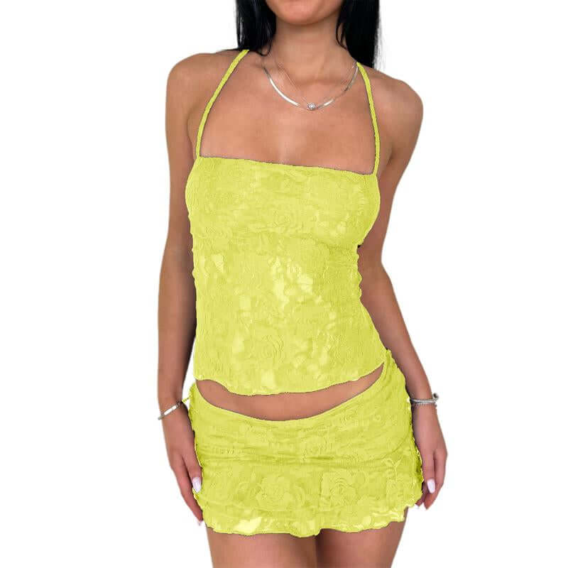 Women Lace Outfit Tie-Up Back Sleeveless Crop Tops Low Rise Mini Skirt 2 Piece Set for Party Club