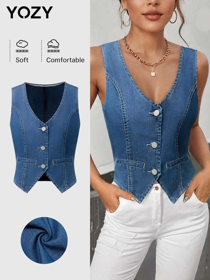 YOZY Women'S Denim Button Front Vest, Casual Sleeveless Vest for Daily Wear, Ladies Clothes for All Seasons